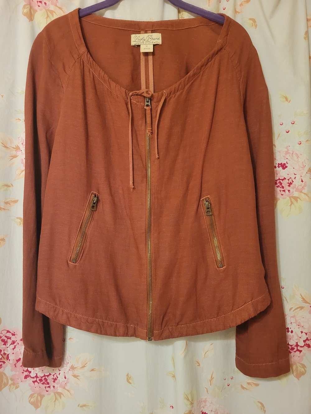 Vintage Rust Boho Lucky Brand Linen Blend Zipper Detail Jacket Size Medium